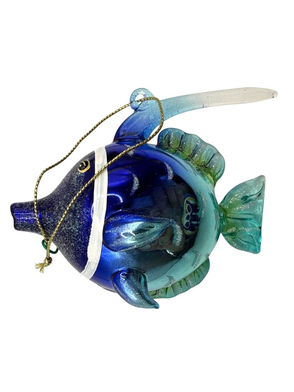 Hand Blown Glass Fish Ornament Christmas Tropical Blue Green Glitter Accents 4"
